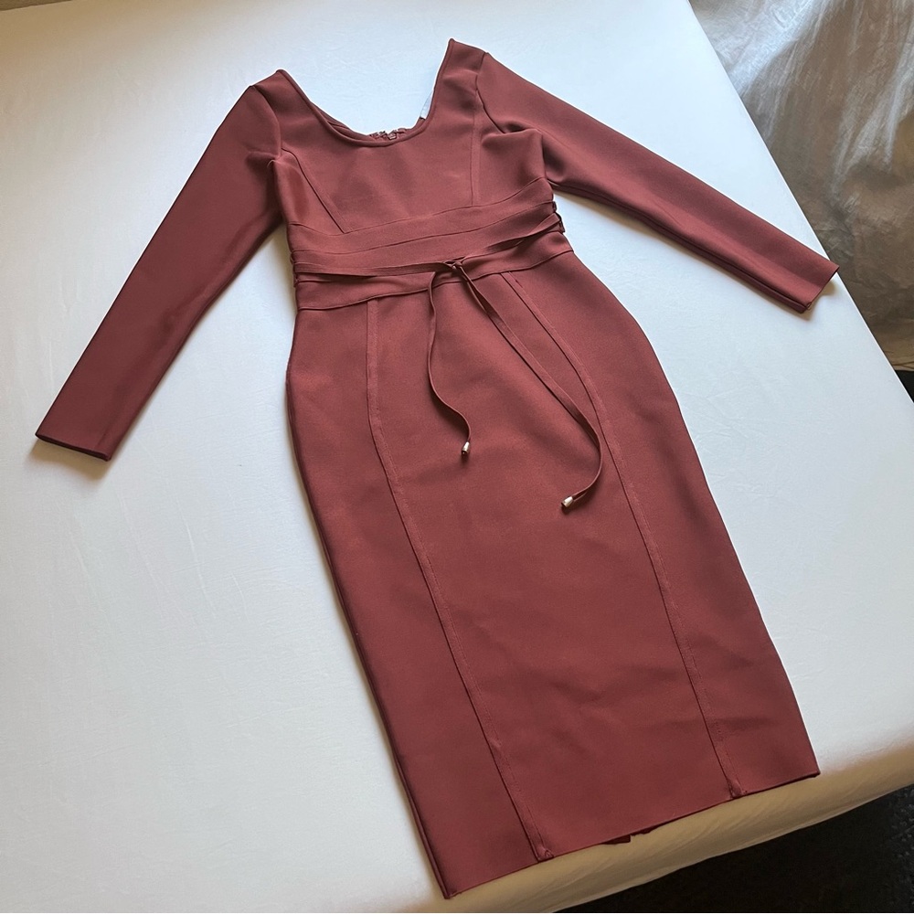 ALIEVA clay red chunky knit belted bodycon off shoulder midi dress